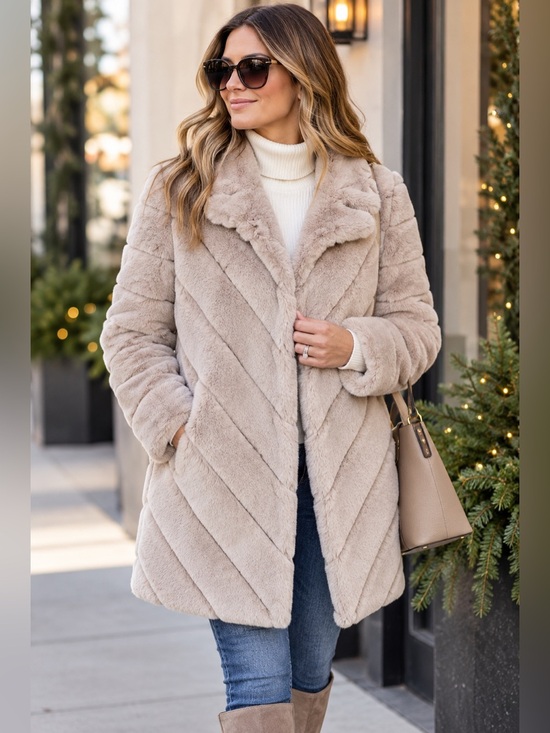 Calvin Klein Jackets & Blazers - Calvin Klein Faux Fur Coat Womens Medium Beige Chevron Plush Teddy Jacket Luxury